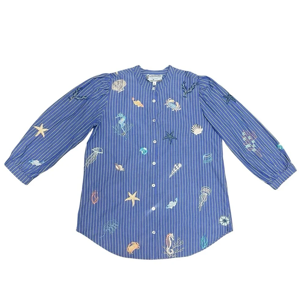 Johnny Was Workshop Striped Blue Embroidered Seashells Ocean Shirt XS Blouse
